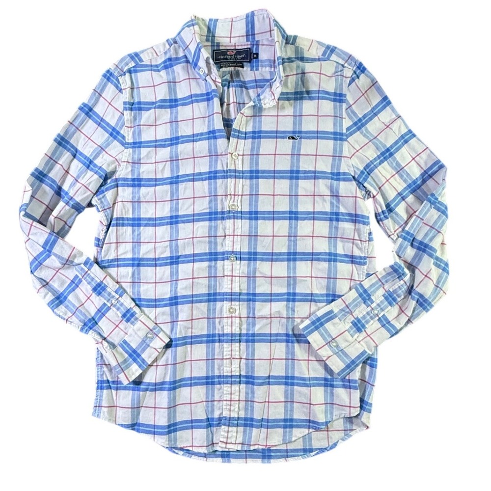 Vineyard Vines Men's Slim Fit Whale Shirt Plaid Button Down White Blue M‎